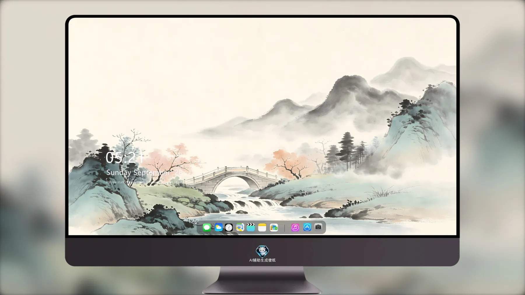 暖色系水墨画，小桥流水还有山。