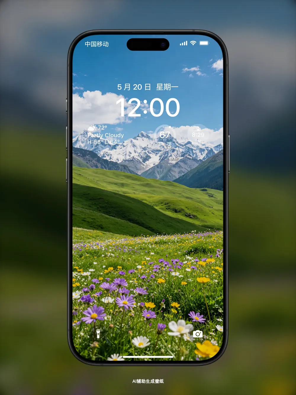 高清手机锁屏壁纸 蓝天雪山草地花海自然风光屏保图片